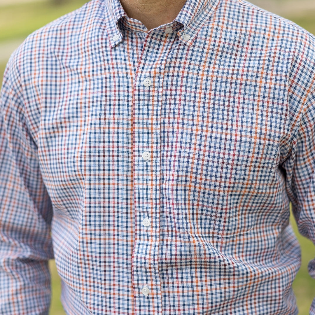New! Blue and Orange Plaid Long Sleeve Button Down Collar Shirt with Magnetic Closures