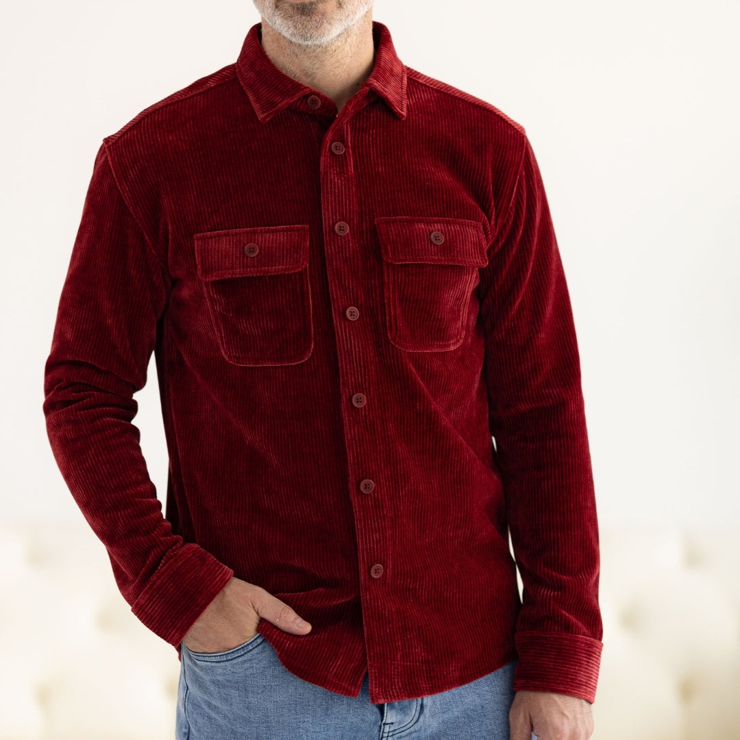 Adaptive Classic Red Corduroy Shirt with Magnetic Closures and Pockets