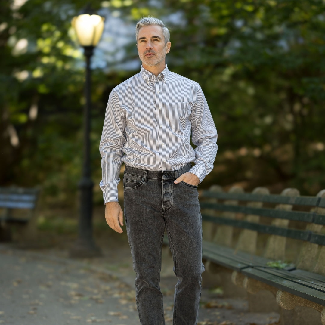 Brown Stripe Long Sleeve Button Down Collar Shirt with Magnetic Closures