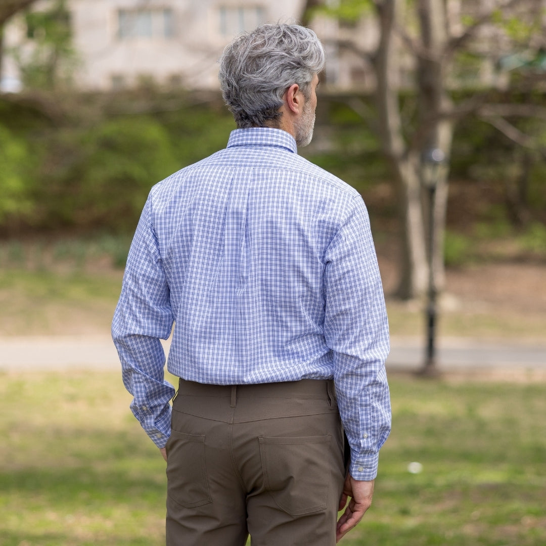 White and Blue Plaid Long Sleeve Button Down Collar Shirt with Magnetic Closures