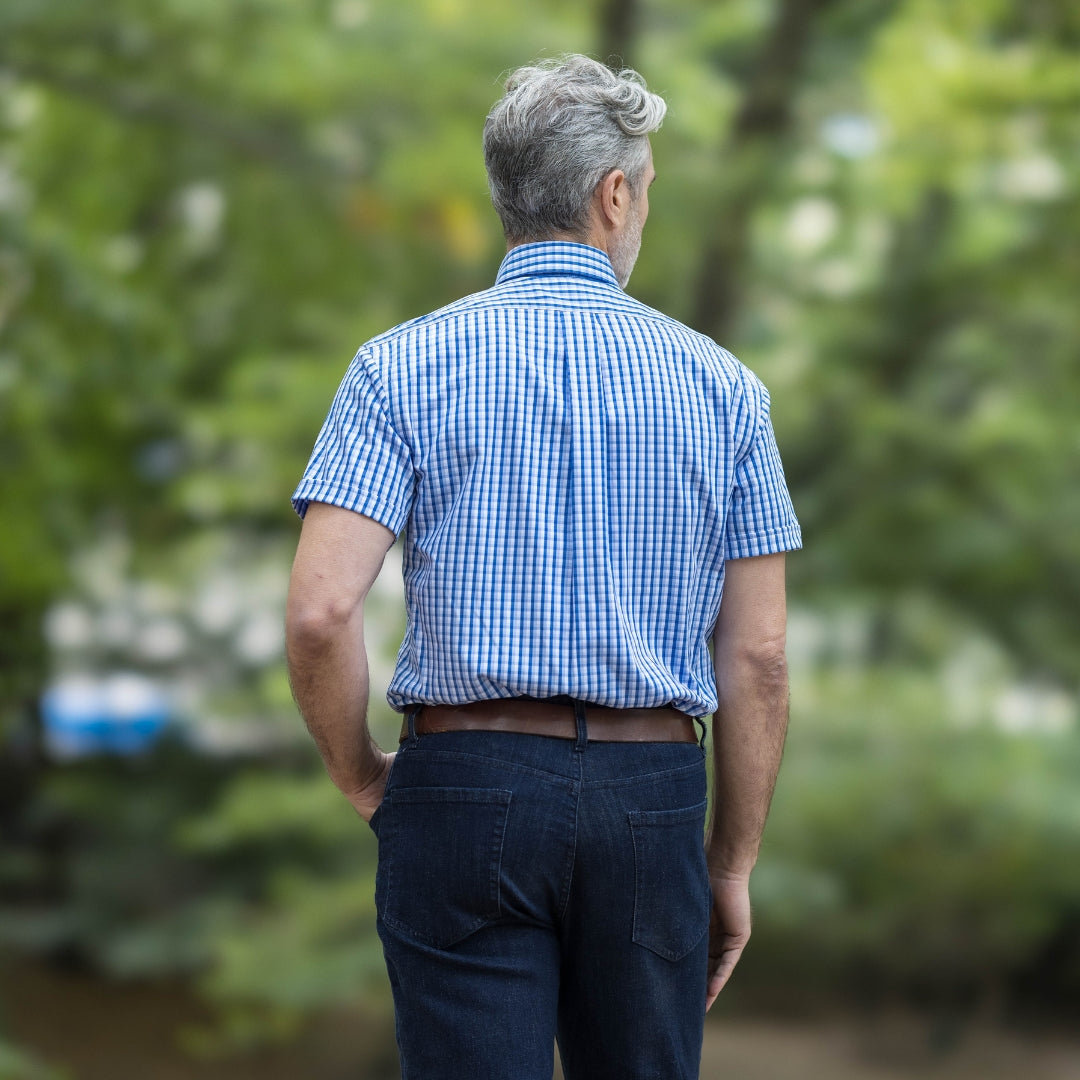 Short Sleeve Blue and White Check Cotton Shirt with Magnetic Closures