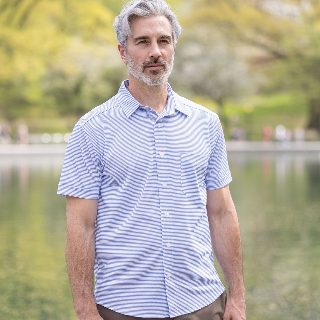 Adaptive Cooling Magnetic Front Short Sleeve Shirt in Blue Stripe