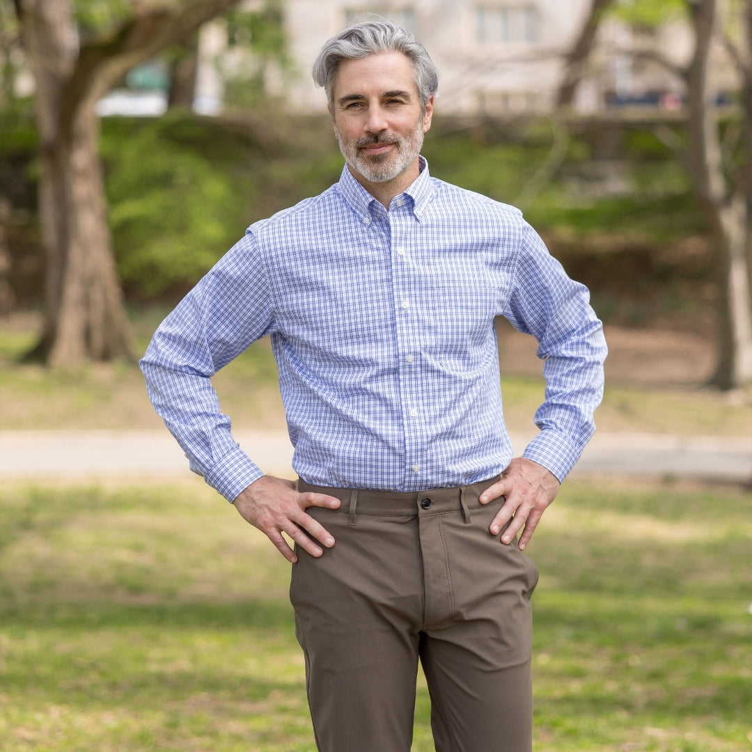 White and Blue Plaid Long Sleeve Button Down Collar Shirt with Magnetic Closures