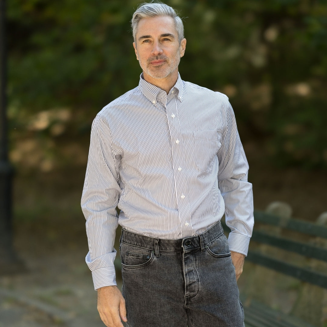 Brown Stripe Long Sleeve Button Down Collar Shirt with Magnetic Closures