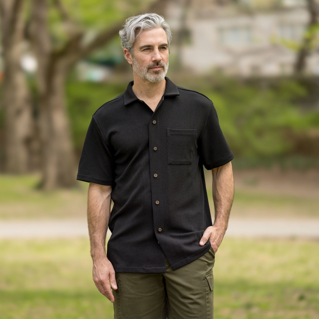 Short Sleeve Untucked Black Casual Shirt with Magnetic Closures - additional view