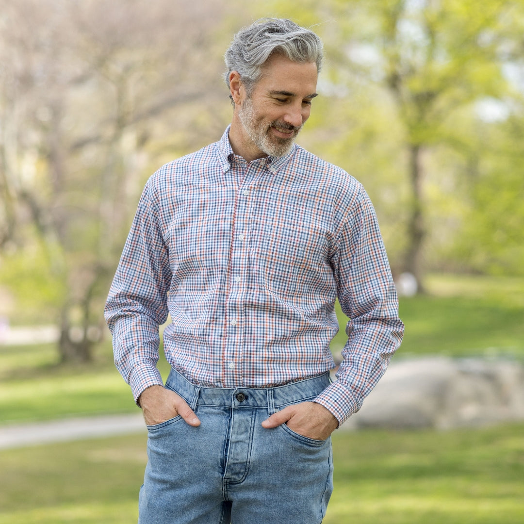 New! Blue and Orange Plaid Long Sleeve Button Down Collar Shirt with Magnetic Closures