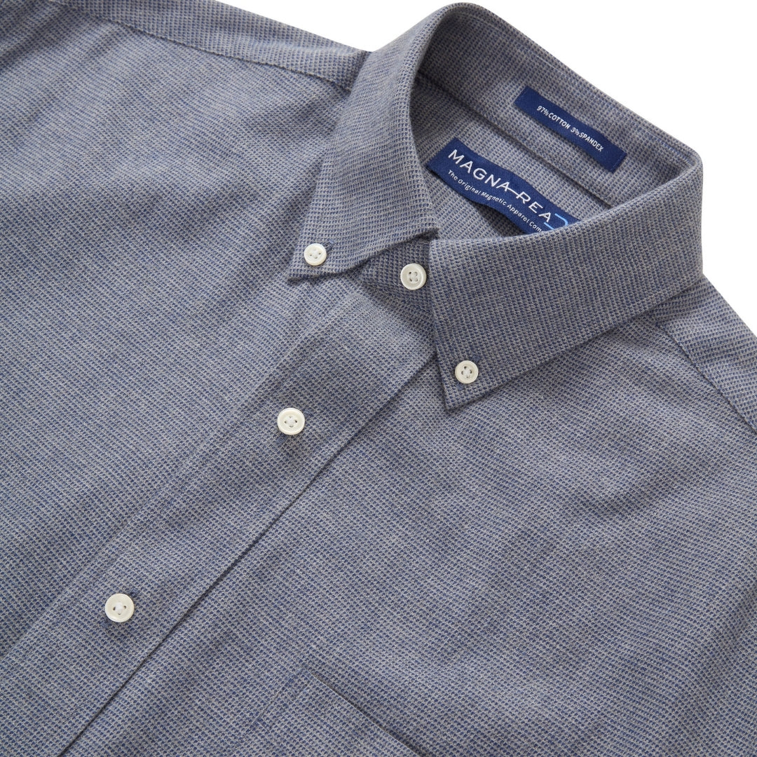 New ! Blue Grey Brushed Flannel Long Sleeve Button Down Collar Shirt with Magnetic Closures