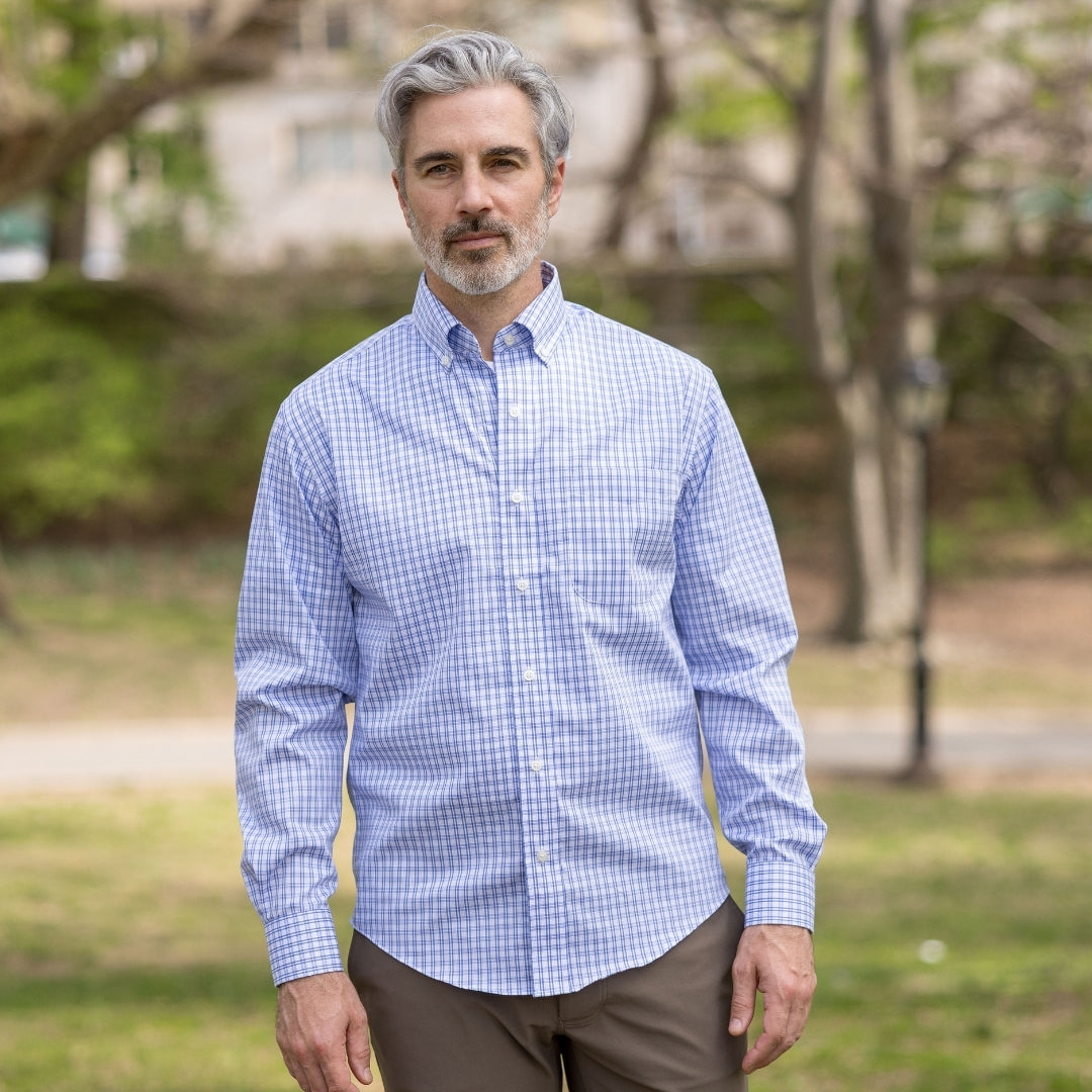 White and Blue Plaid Long Sleeve Button Down Collar Shirt with Magnetic Closures