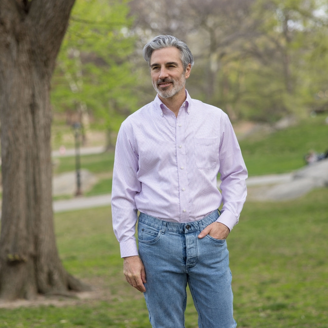 Blue and Pink Grid Long Sleeve Button Down Collar Shirt with Magnetic Closures