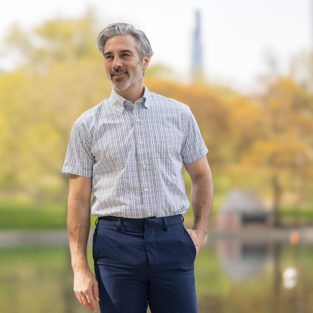 Blue and Yellow Short Sleeve Shirt with Magnetic Closures