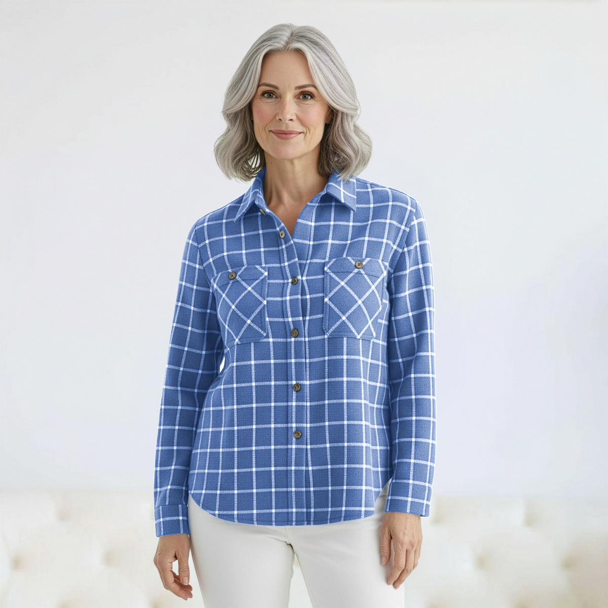 Women's Magnetic Front Curved Hem Blue and White Window Flannel Shirt Windowpane Blue / XL