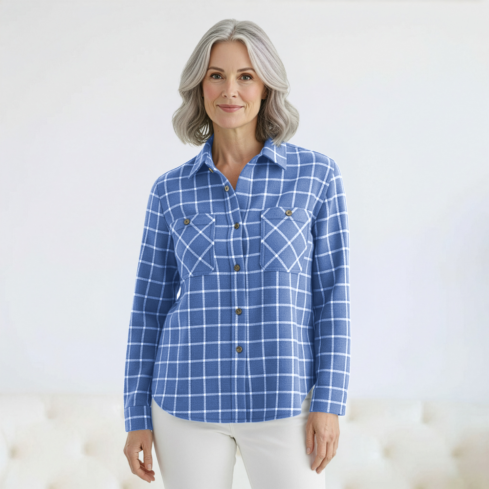 Women's Magnetic Front Curved Hem Blue and White Window Flannel Shirt Windowpane Blue / XL