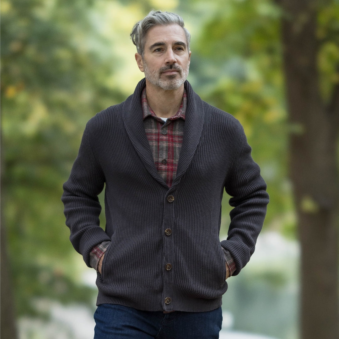 Adaptive Ribbed Cotton Shawl Collar Cardigan with Magnetic Button Front and Pockets in Charcoal