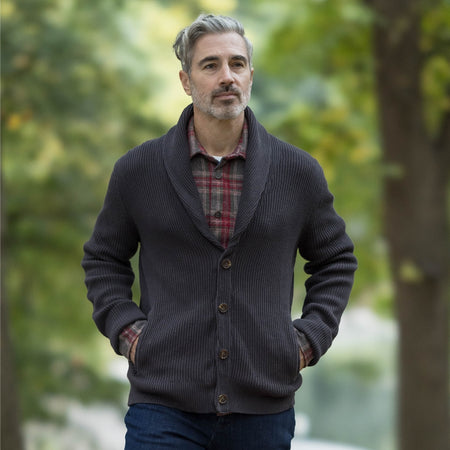 Adaptive Ribbed Cotton Shawl Collar Cardigan with Magnetic Button Front and  Pockets in Charcoal