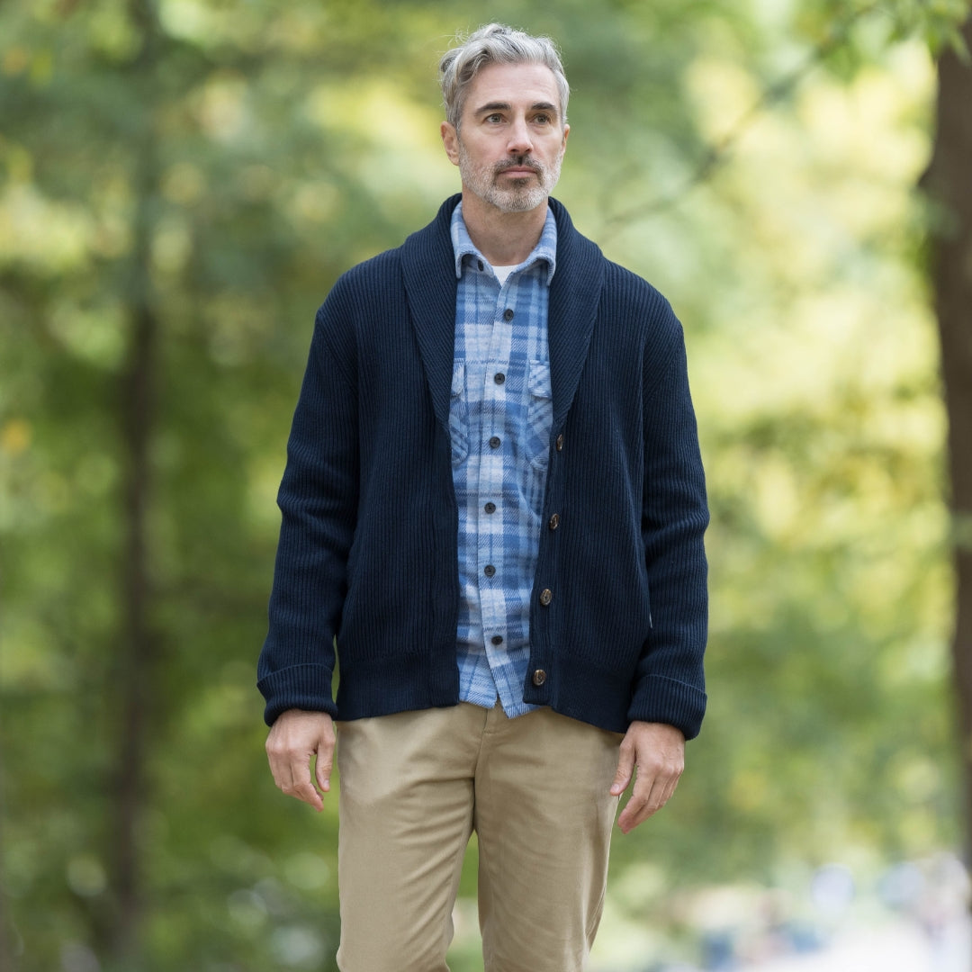 Adaptive Ribbed Cotton Shawl Collar Cardigan with Magnetic Button Front and Pockets in Navy