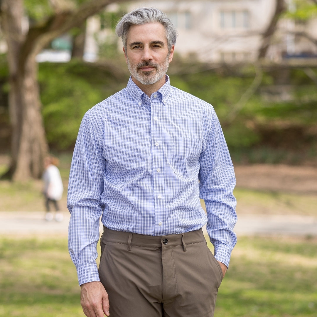 White and Blue Plaid Long Sleeve Button Down Collar Shirt with Magnetic Closures
