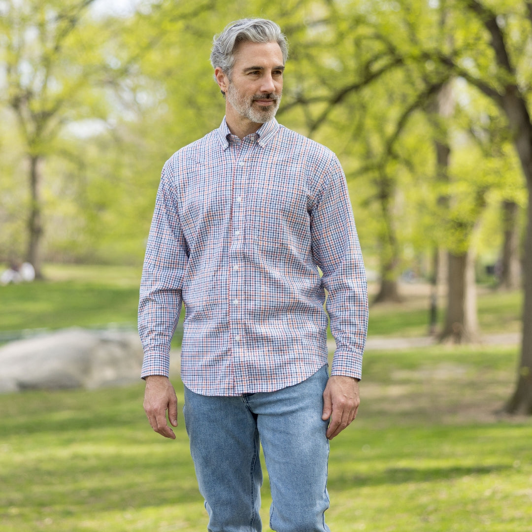 New! Blue and Orange Plaid Long Sleeve Button Down Collar Shirt with Magnetic Closures