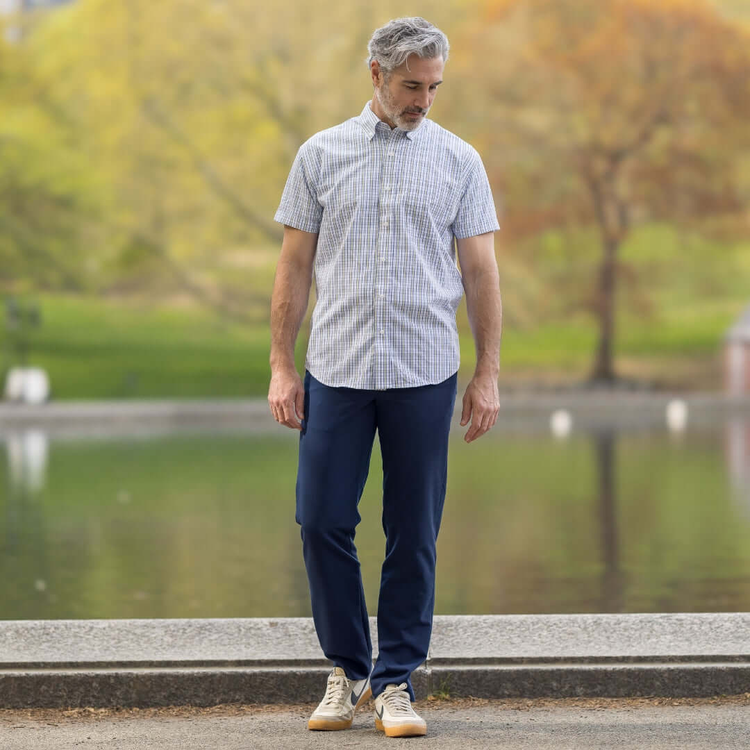Blue and Yellow Short Sleeve Shirt with Magnetic Closures