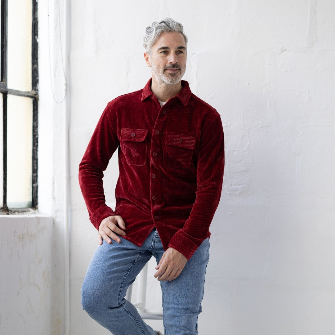 Adaptive Classic Red Corduroy Shirt with Magnetic Closures and Pockets