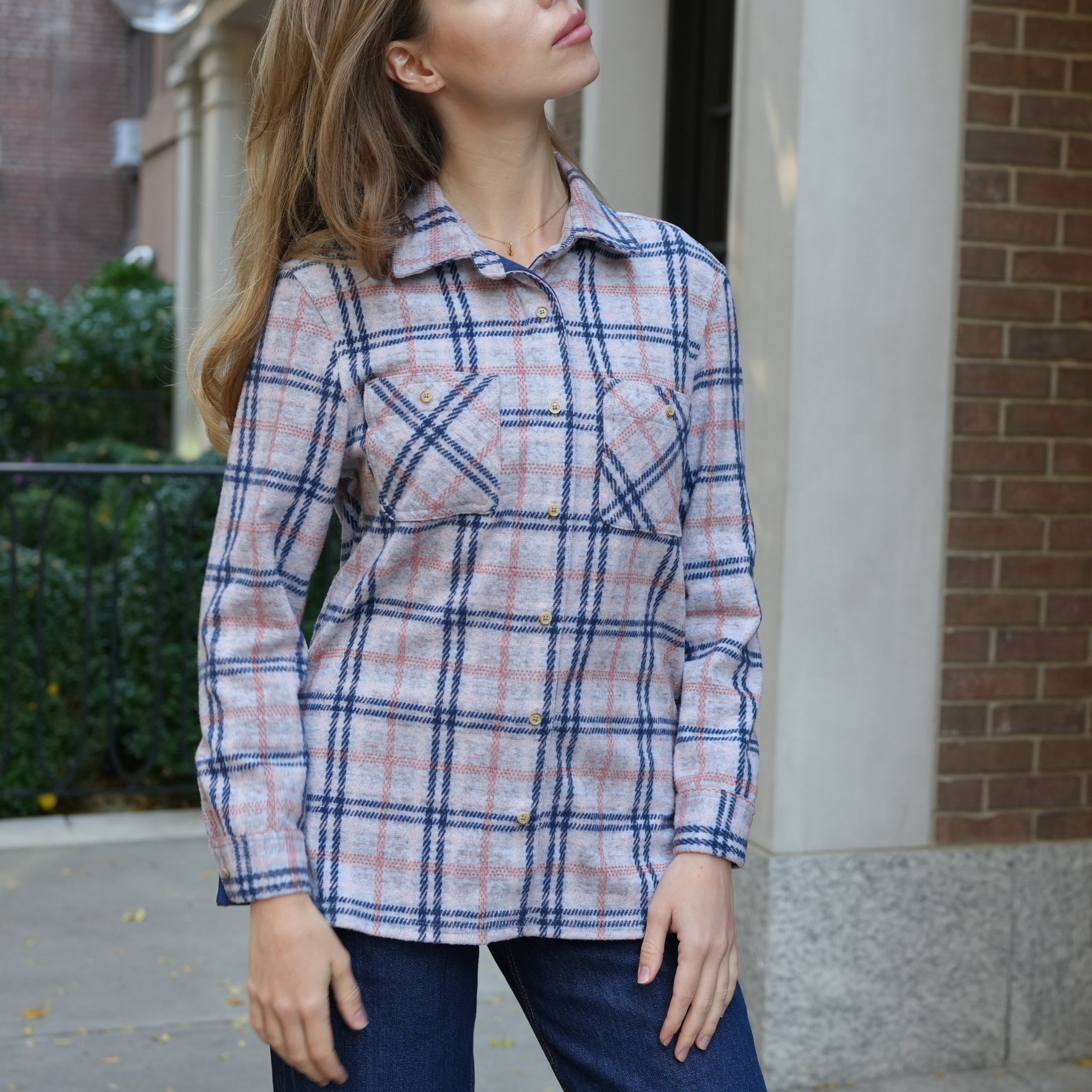 Women's Magnetic Front Curved Hem Pink, Navy and Gray Flannel Shirt