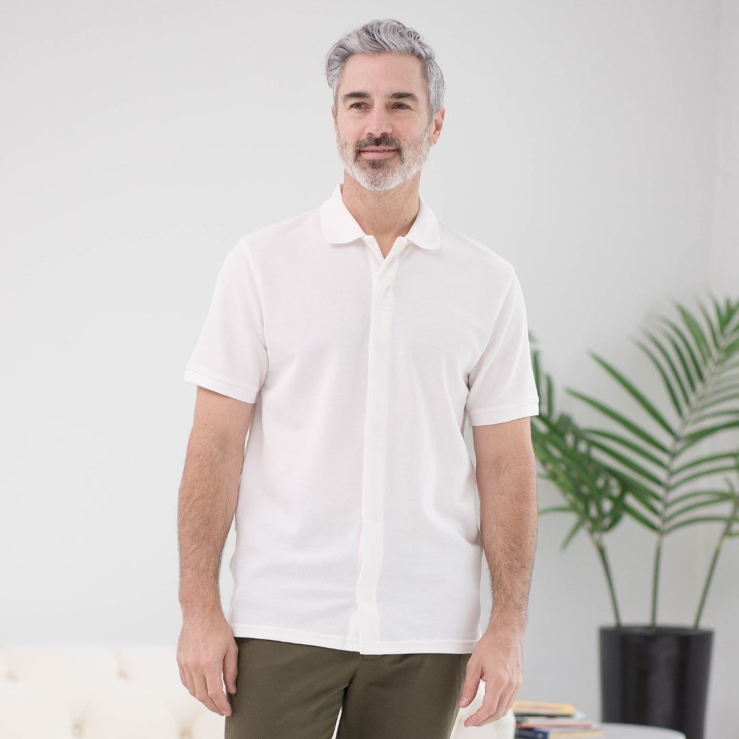 White Pique Knit Short Sleeve Polo with Magnetic Closures