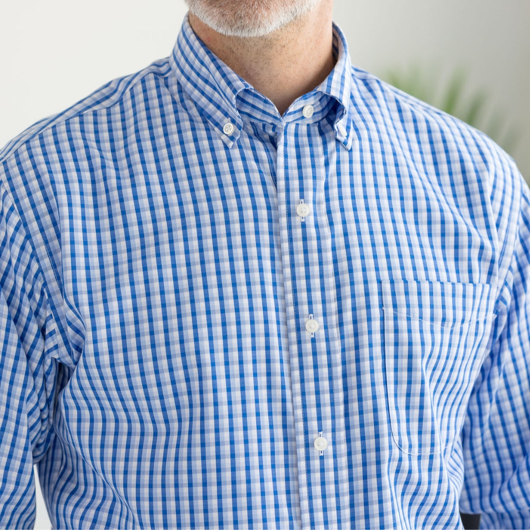 Blue White Grid Long Sleeve Button Down Collar Shirt with Magnetic Closures
