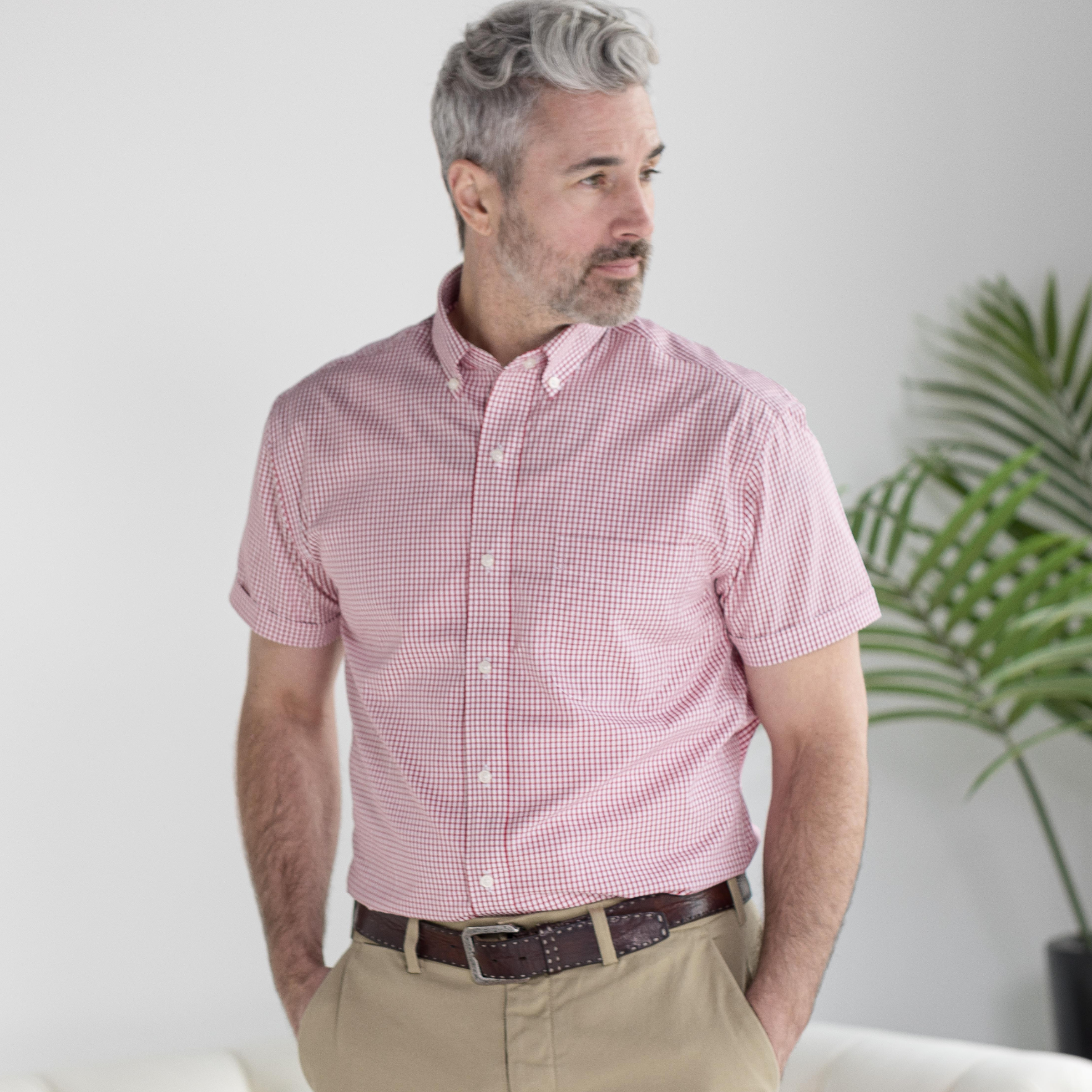 Short Sleeve Red and White ‘Heights’ Cotton Shirt with Magnetic Closures