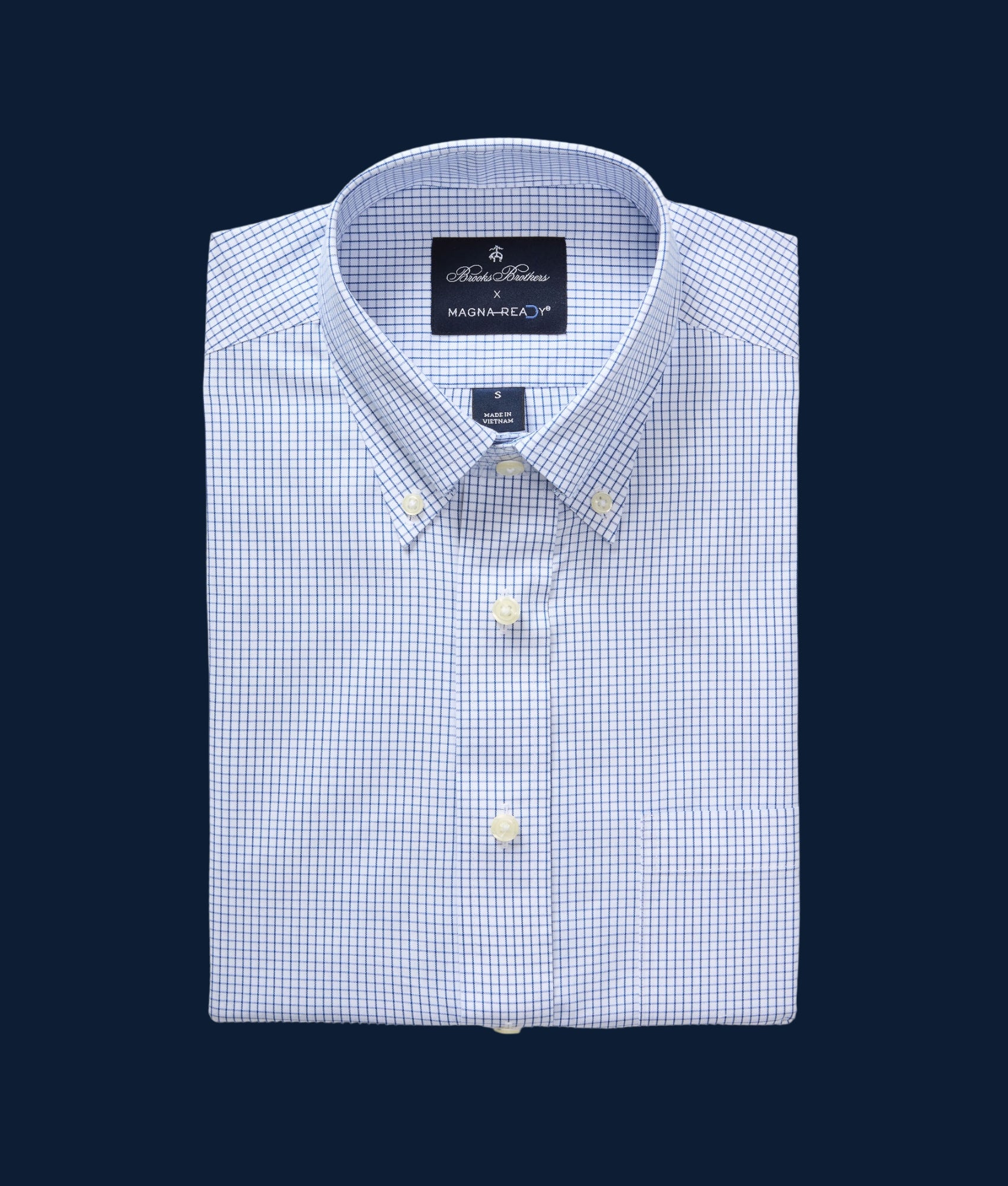 Brooks Brothers  X MagnaReady Stretch Long Sleeve Blue and White Check Button-Down Collar with Magnetic Closures