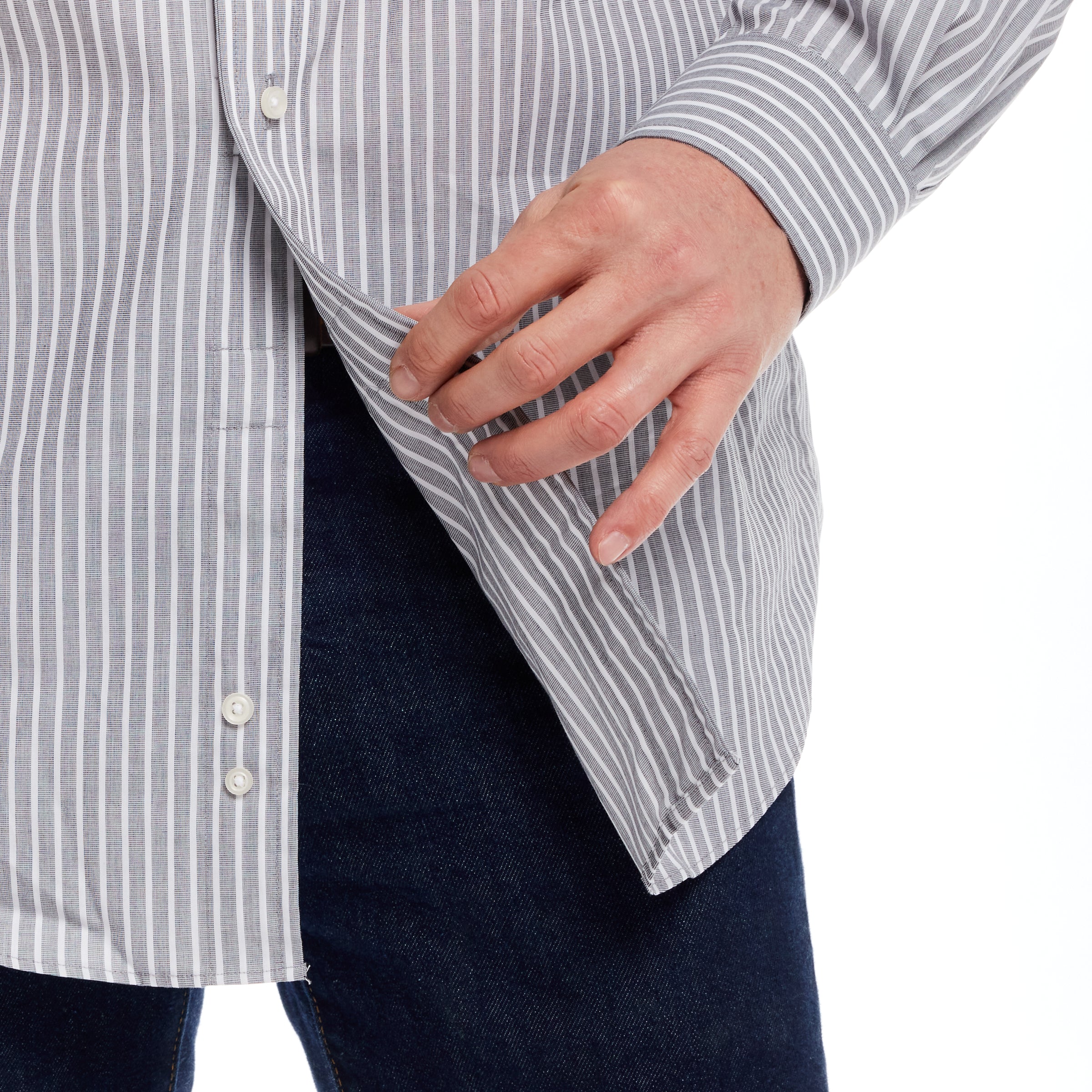 Classic Gray and White Stripe Long Sleeve Button Down Collar Shirt with Magnetic Closures