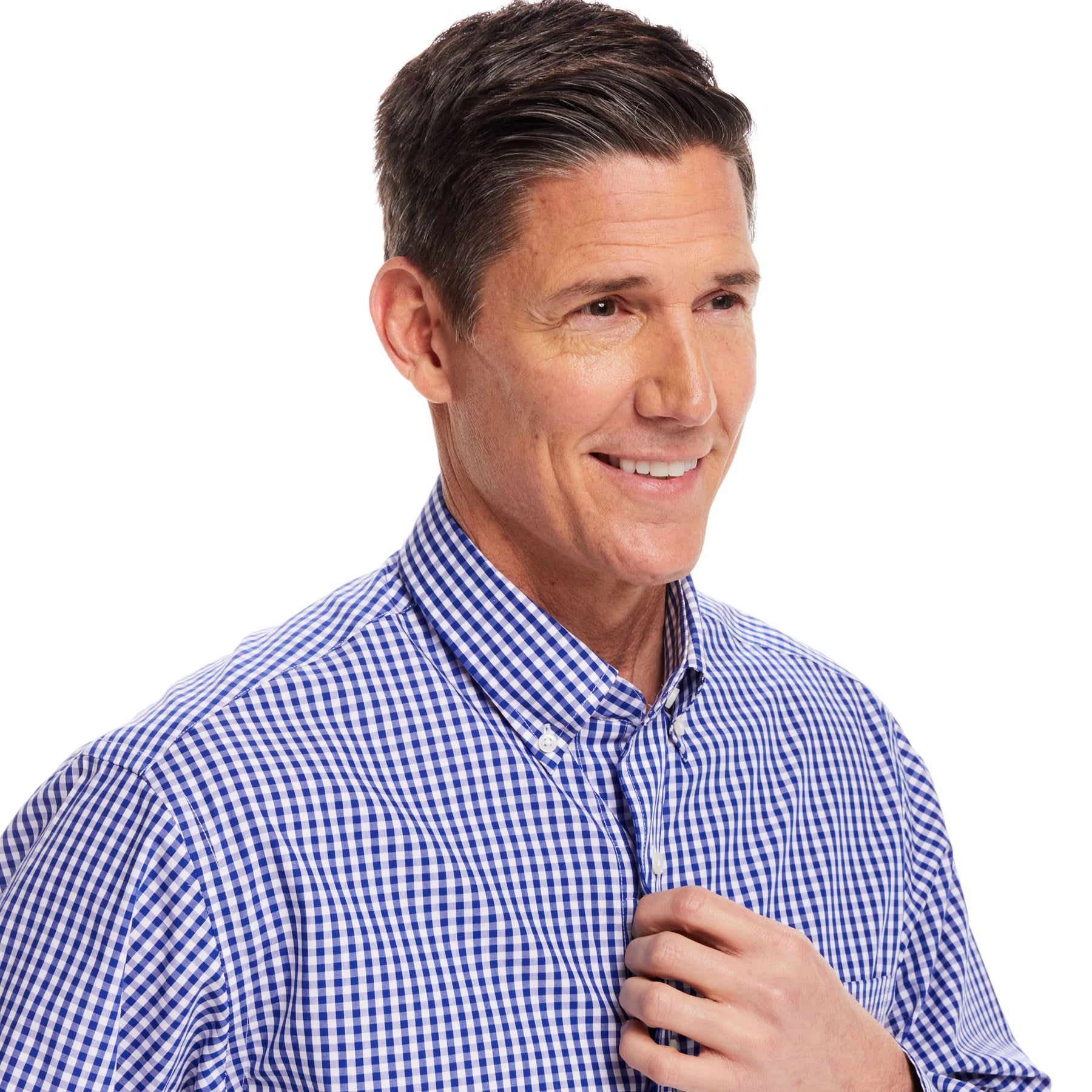 Long Sleeve Navy and White Classic Button Down Collar Plaid Shirt with Magnetic Closures