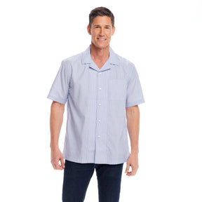 Short Sleeve Untucked Blue Stripe ‘Landry’ Camp Casual Shirt with Magnetic Closures