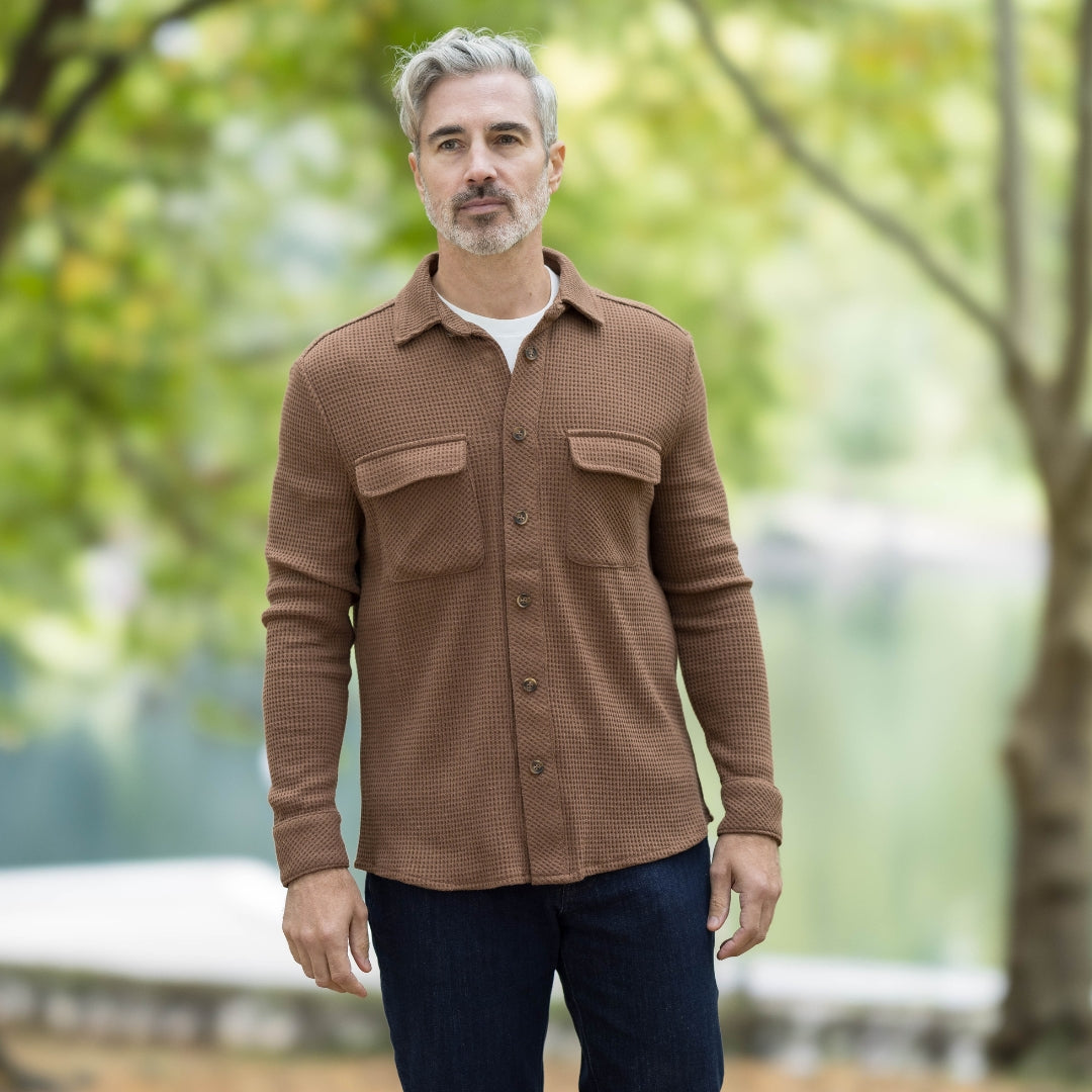 Magnetic Front WaffleWeave Casual Shirt with Dual Pockets in Choco