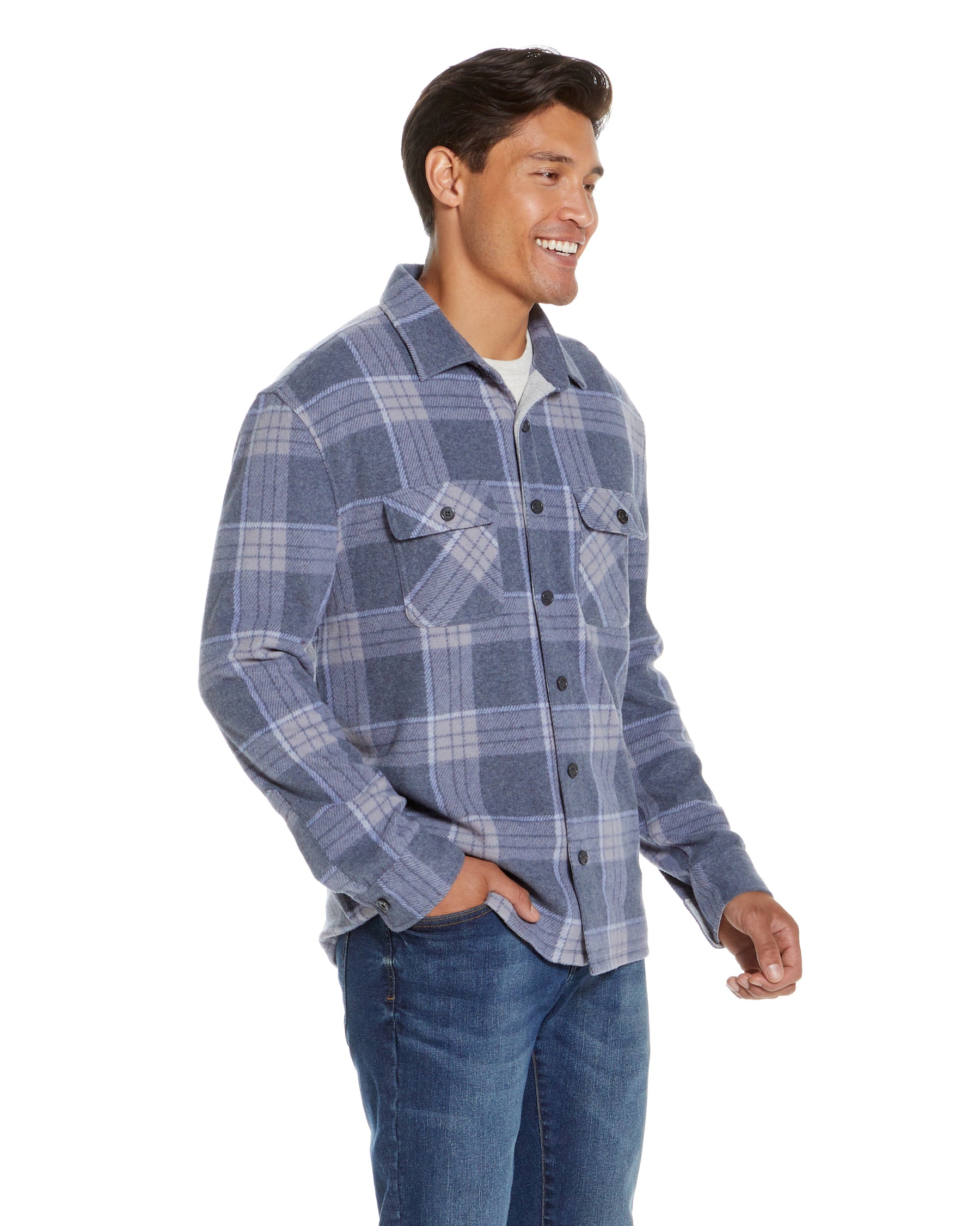 Long Sleeve Blue Flannel Shirt Combo Layering Piece with Magnetic Closures