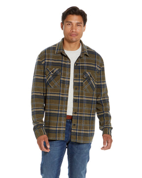 Long Sleeve Olive Plaid Flannel Shirt Combo Layering Piece with Magnetic Closures