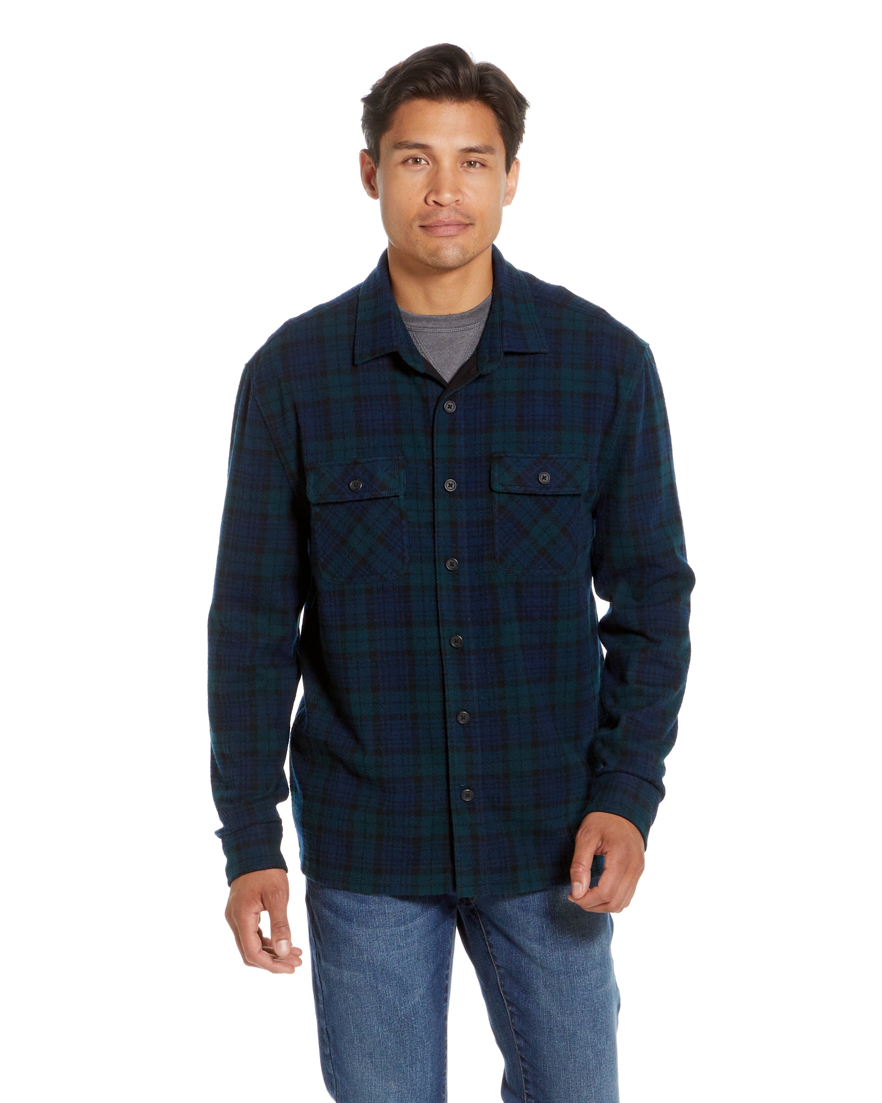 Long Sleeve Navy Black Watch Plaid  Flannel Shirt Combo Layering Piece with Magnetic Closures