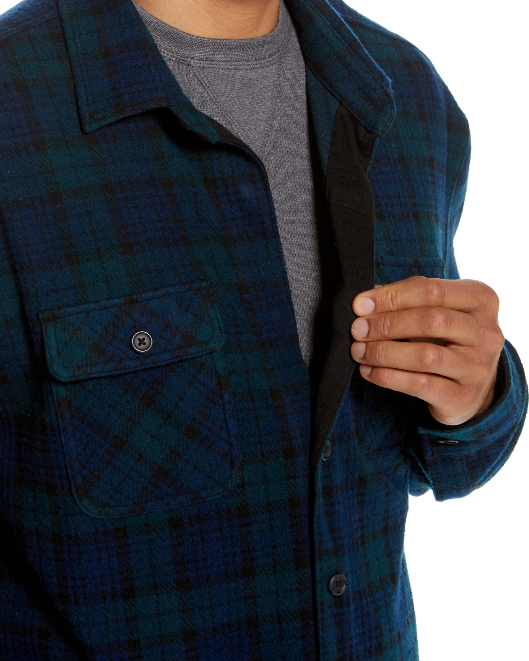 Long Sleeve Navy Black Watch Plaid  Flannel Shirt Combo Layering Piece with Magnetic Closures