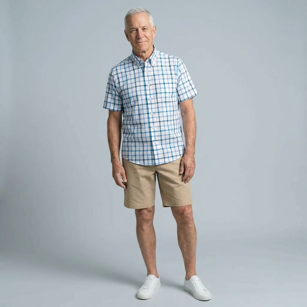 Blue and White Tattersall Short Sleeve Shirt with Magnetic Closures