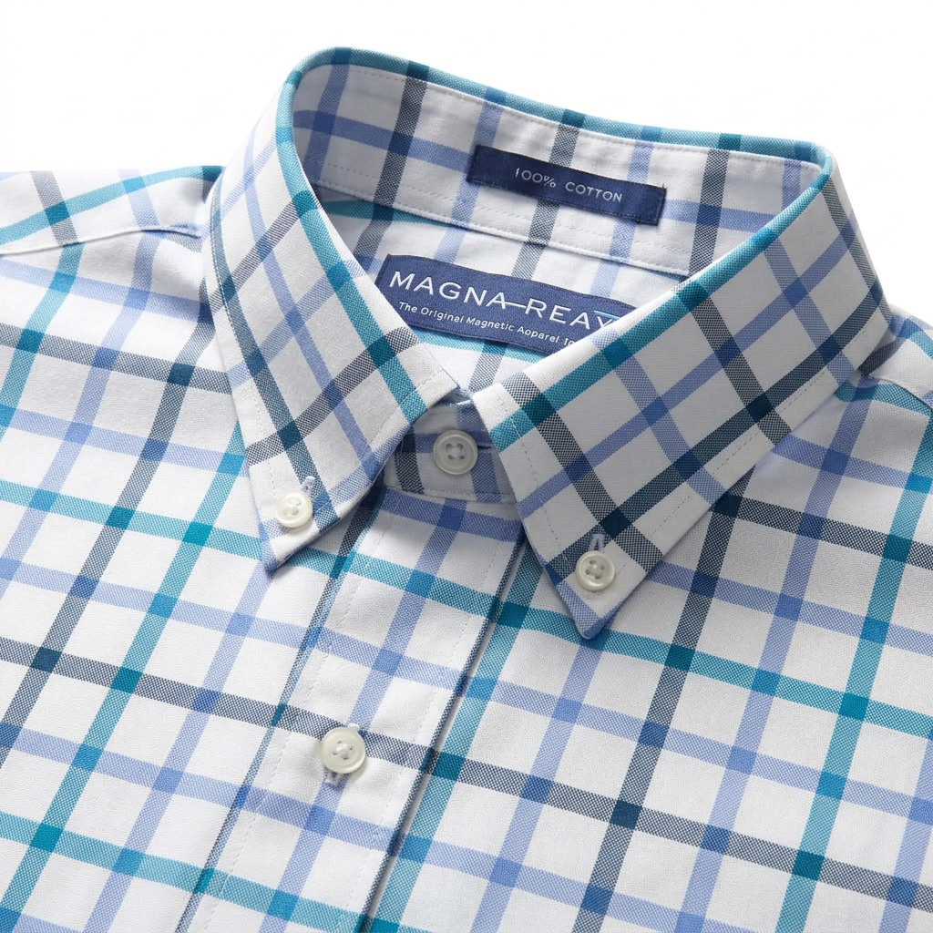 Blue and White Tattersall Short Sleeve Shirt with Magnetic Closures
