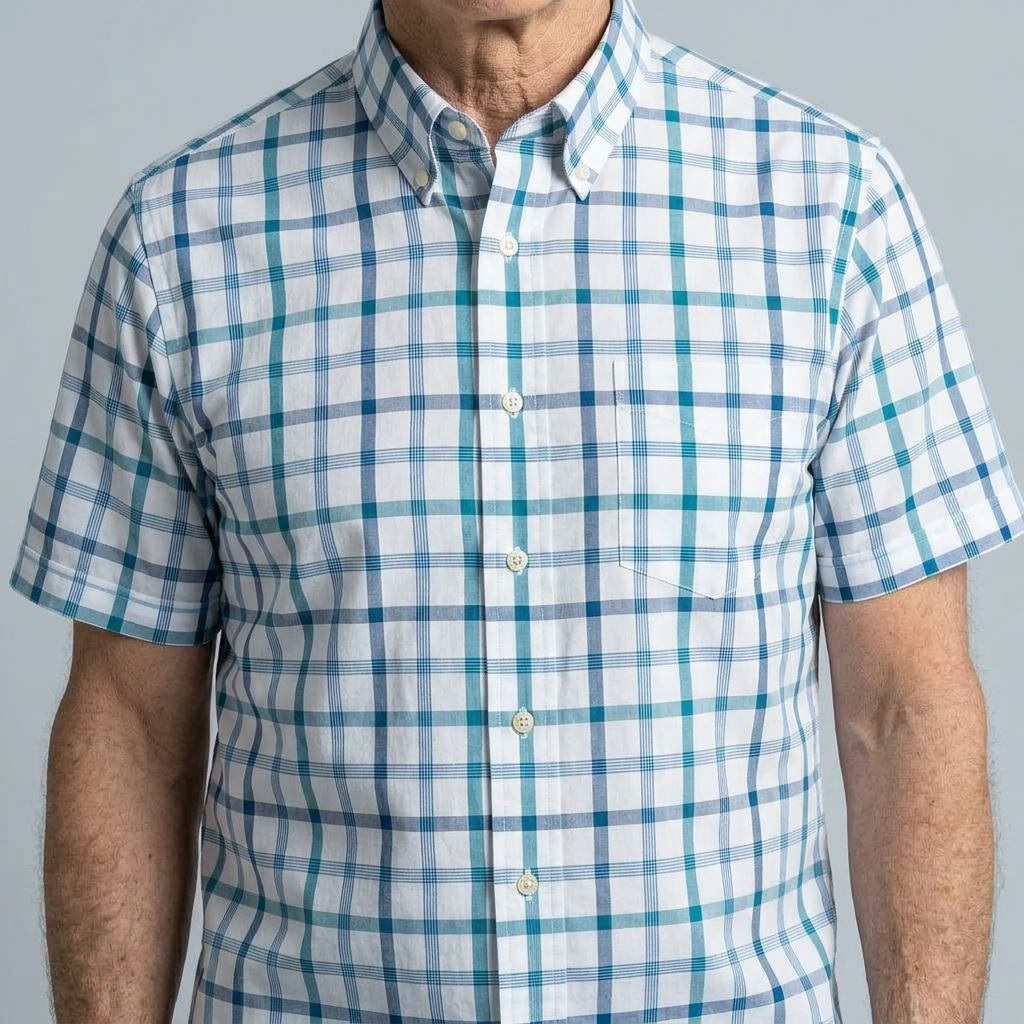 Blue and White Tattersall Short Sleeve Shirt with Magnetic Closures