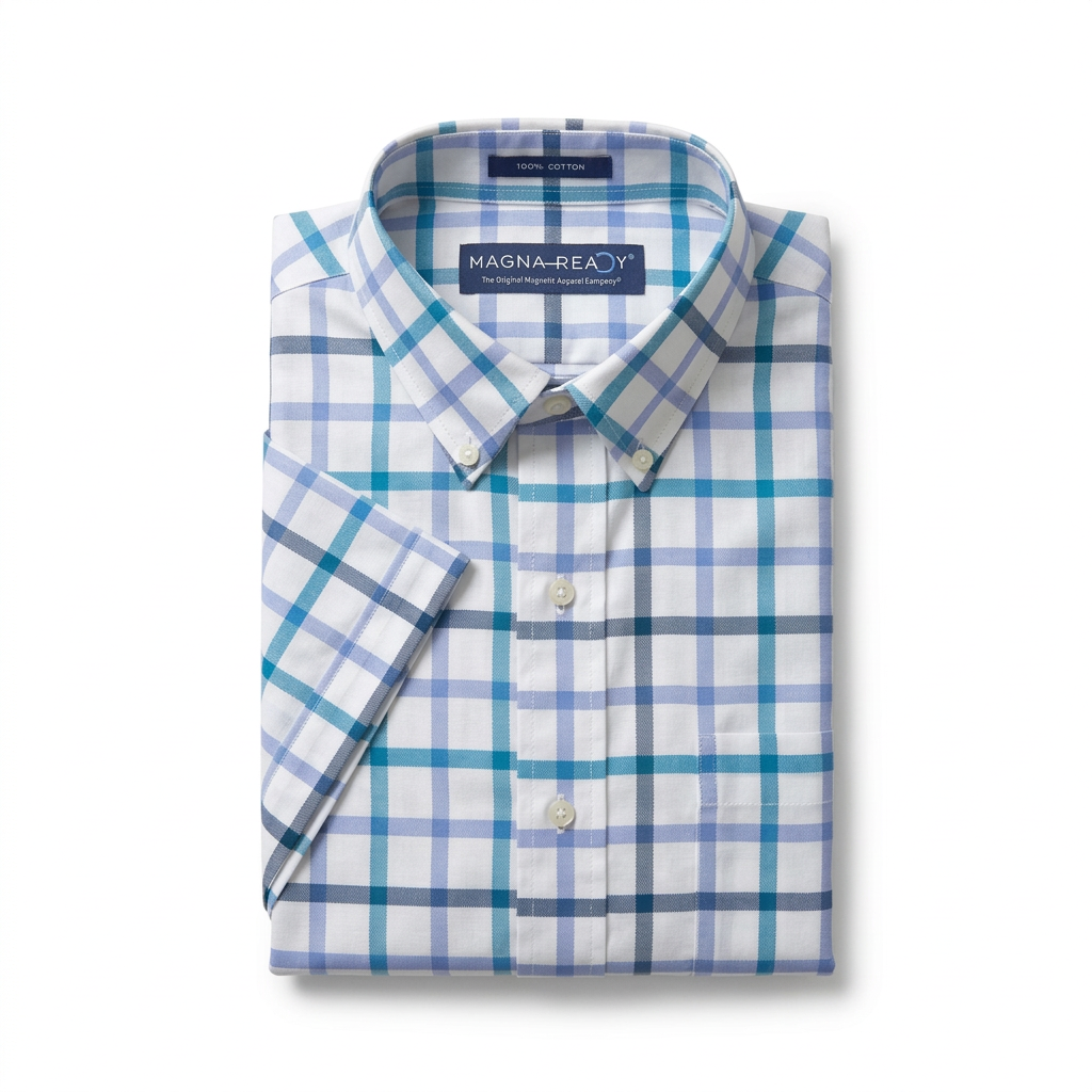 Blue and White Tattersall Short Sleeve Shirt with Magnetic Closures