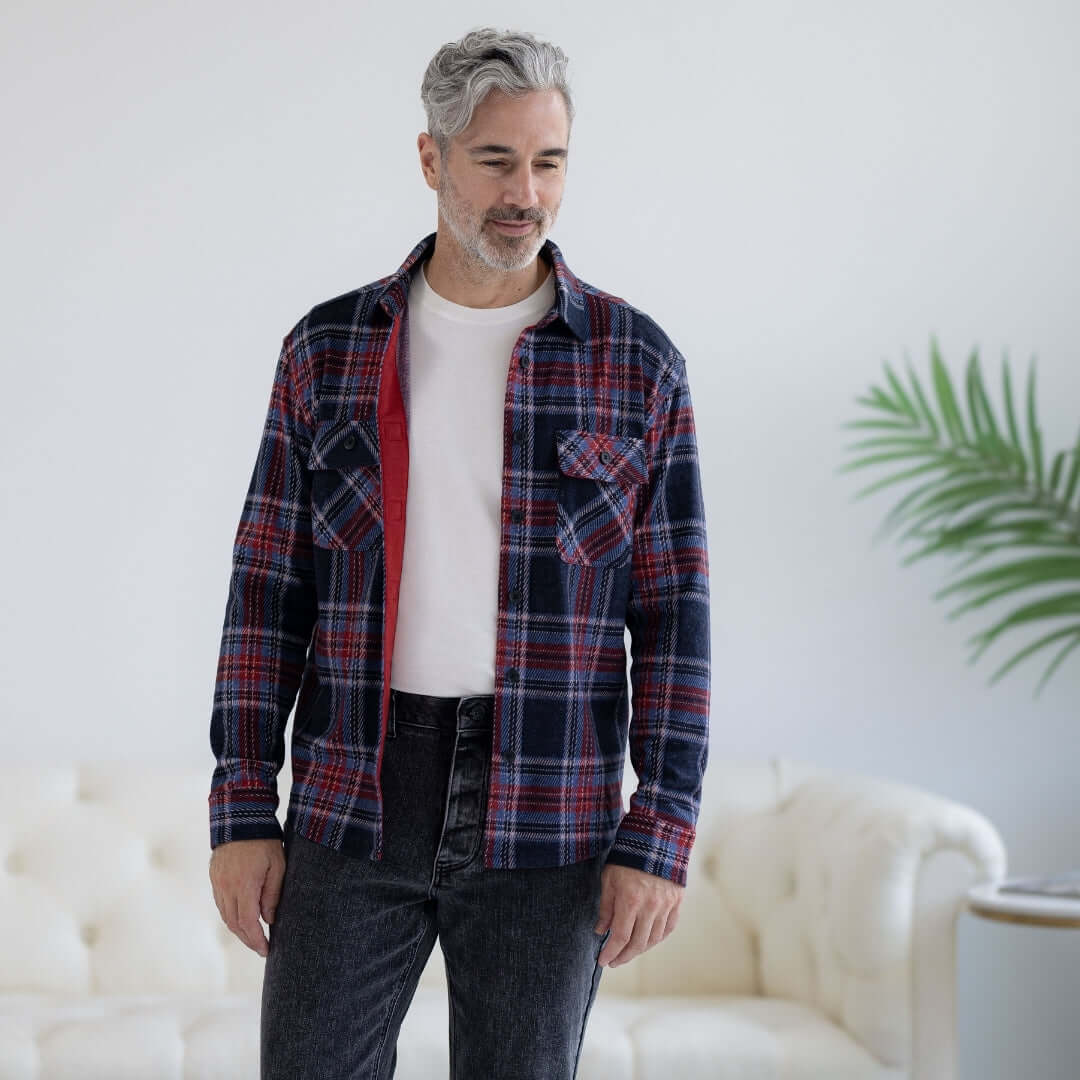 Adaptive Blue and Red Plaid Flannel Shirt with Magnetic Closures worn by a man, showcasing comfort and easy dressing.