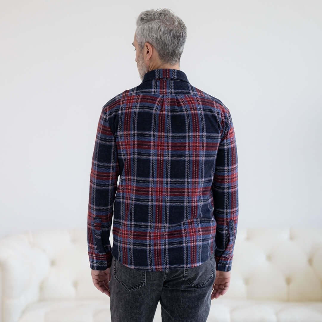 Adaptive Blue and Red Plaid Flannel Shirt with Magnetic Closures viewed from the back, showcasing the design and fit.