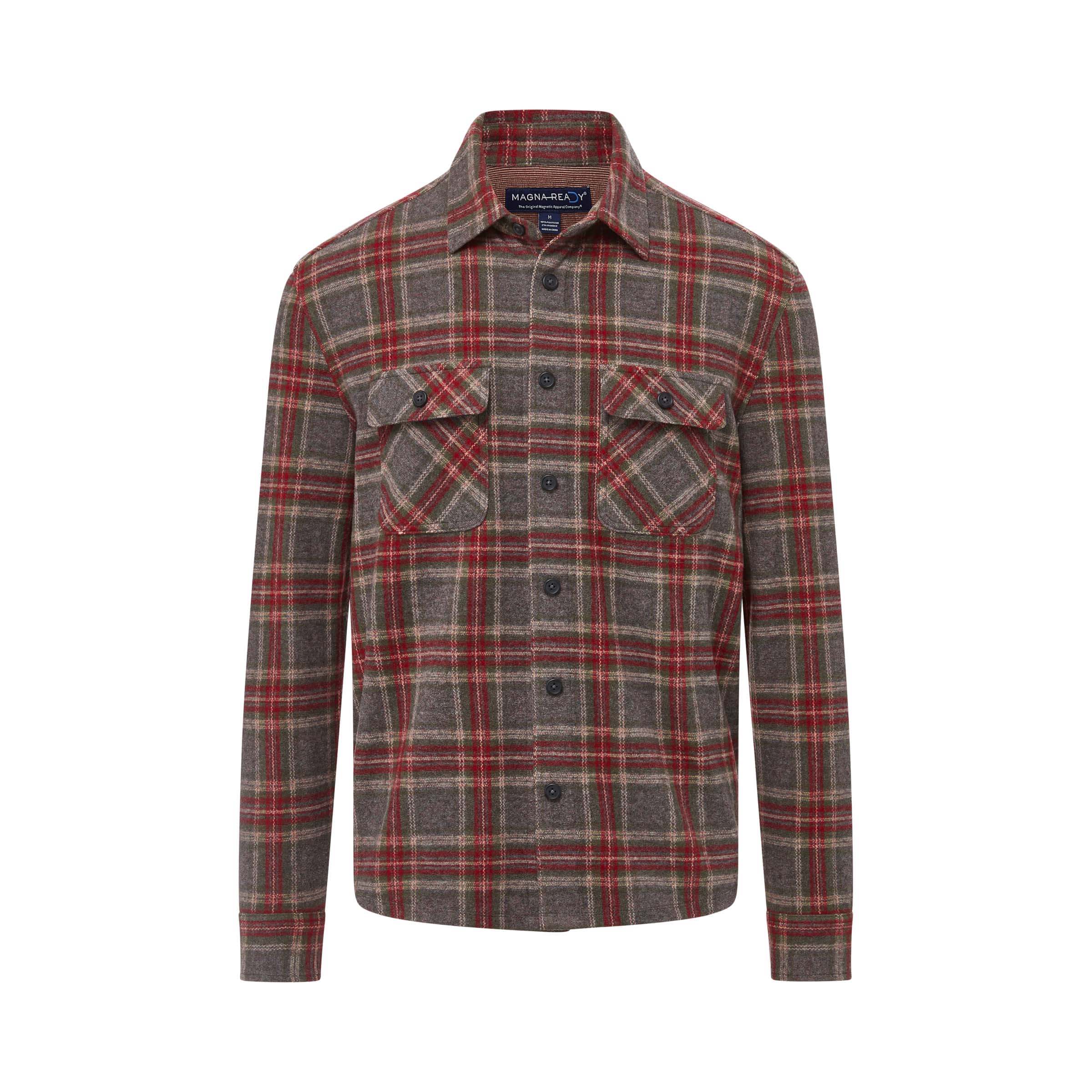 Men's adaptive brown glen plaid flannel shirt combo with magnetic closures, perfect for layering in any season.
