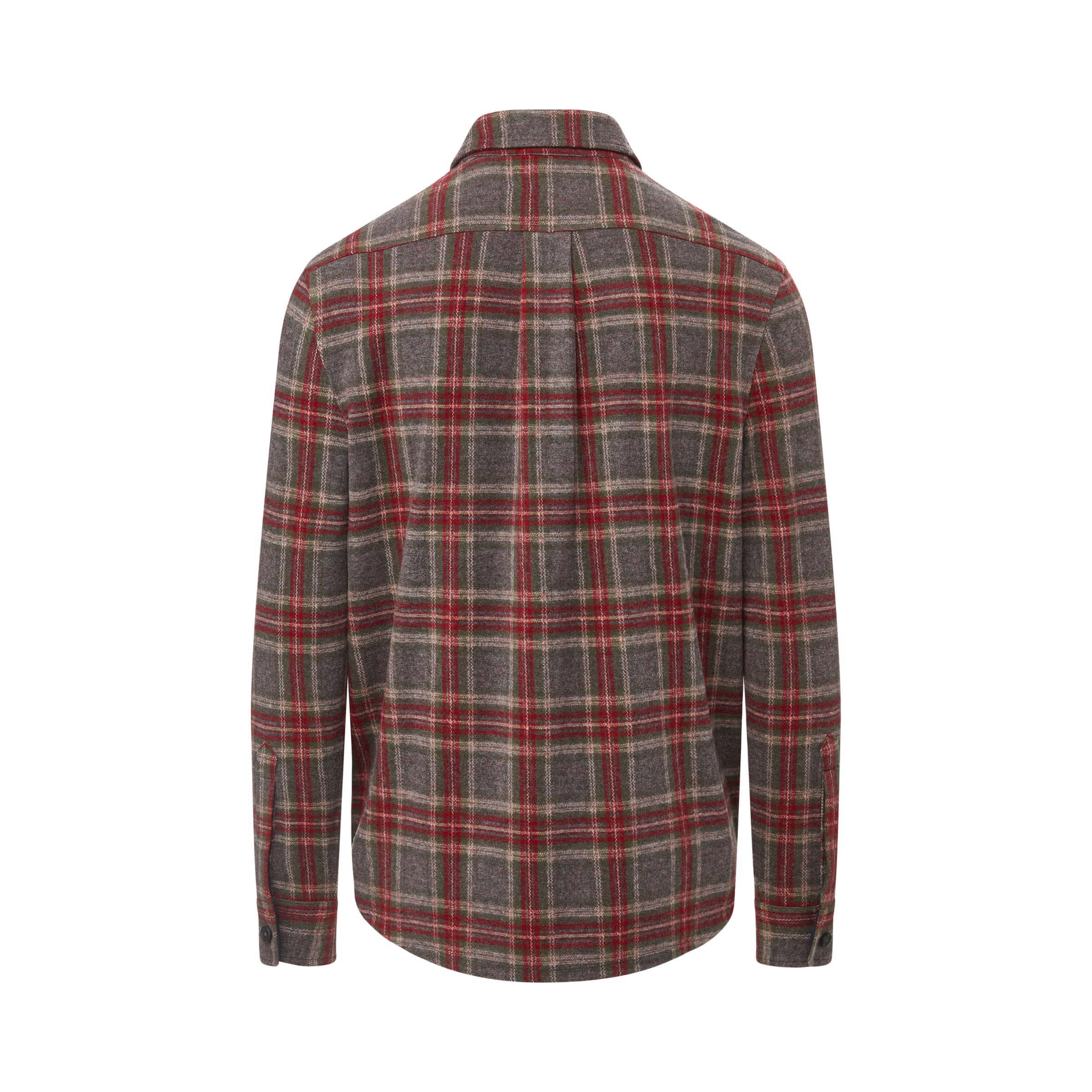 Back view of a men's adaptive brown glen plaid flannel shirt jacket featuring magnetic closures.