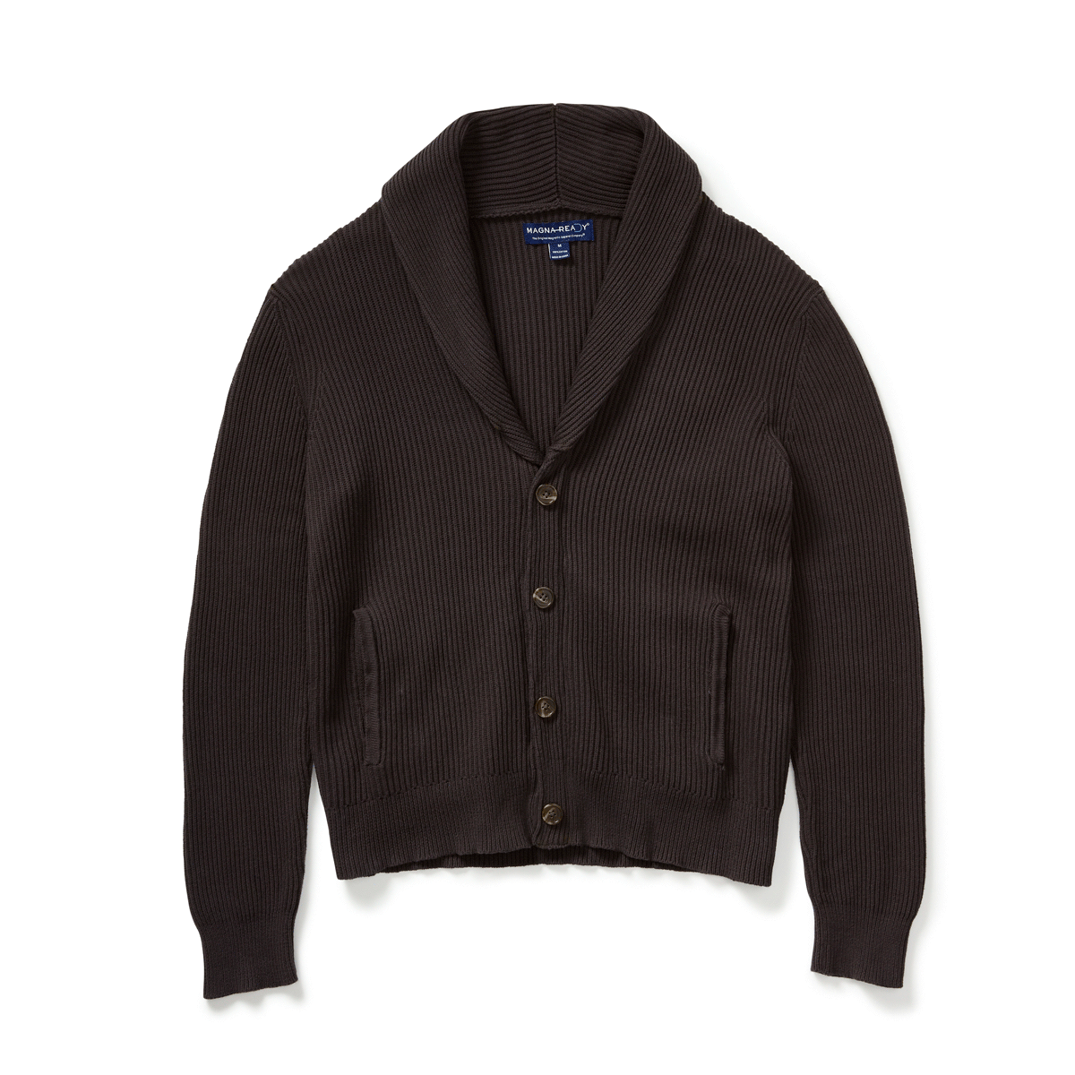 Charcoal ribbed cotton shawl collar cardigan with magnetic button front and pockets for adaptive comfort.