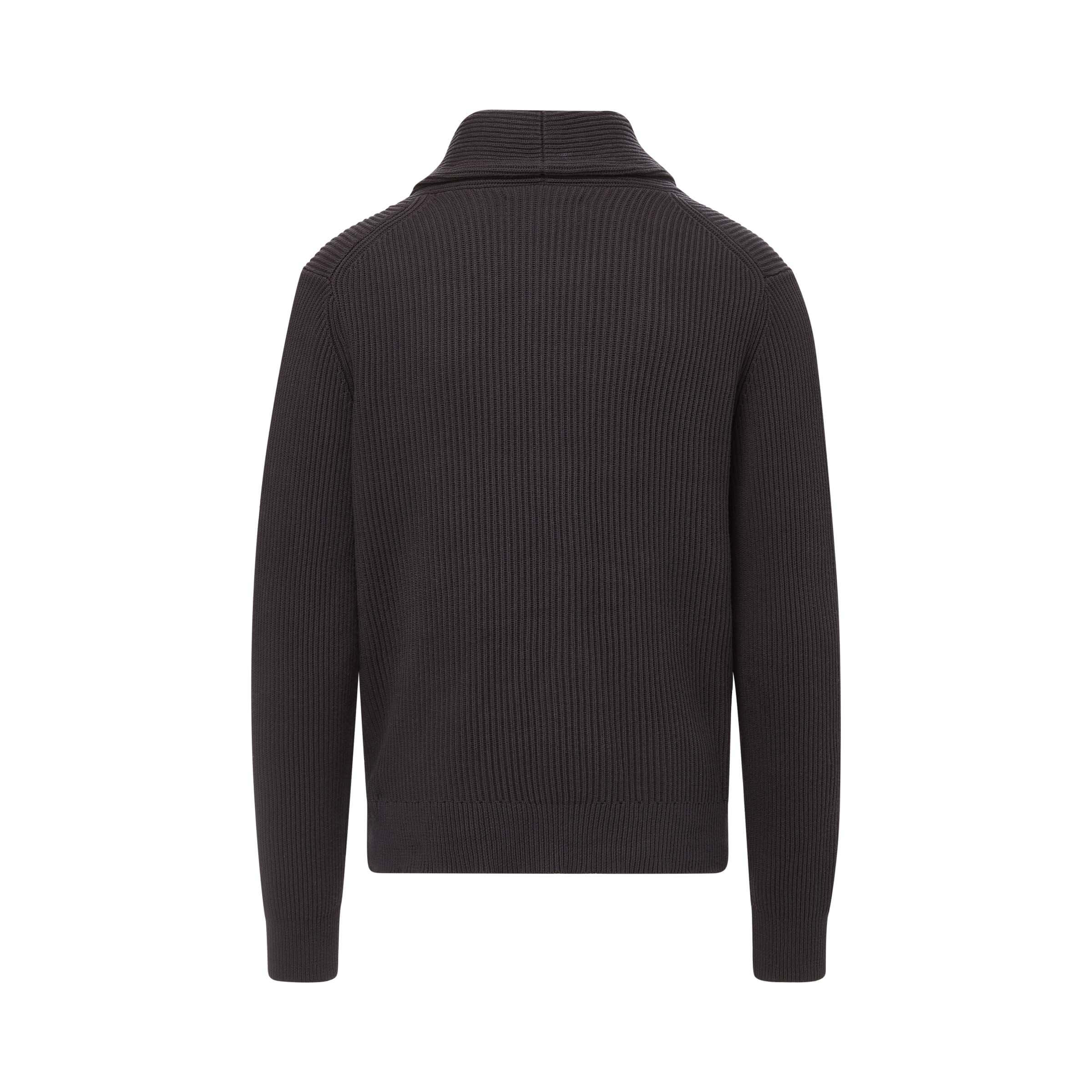Back view of Charcoal Adaptive Ribbed Cotton Shawl Collar Cardigan with Magnetic Buttons and Pockets.