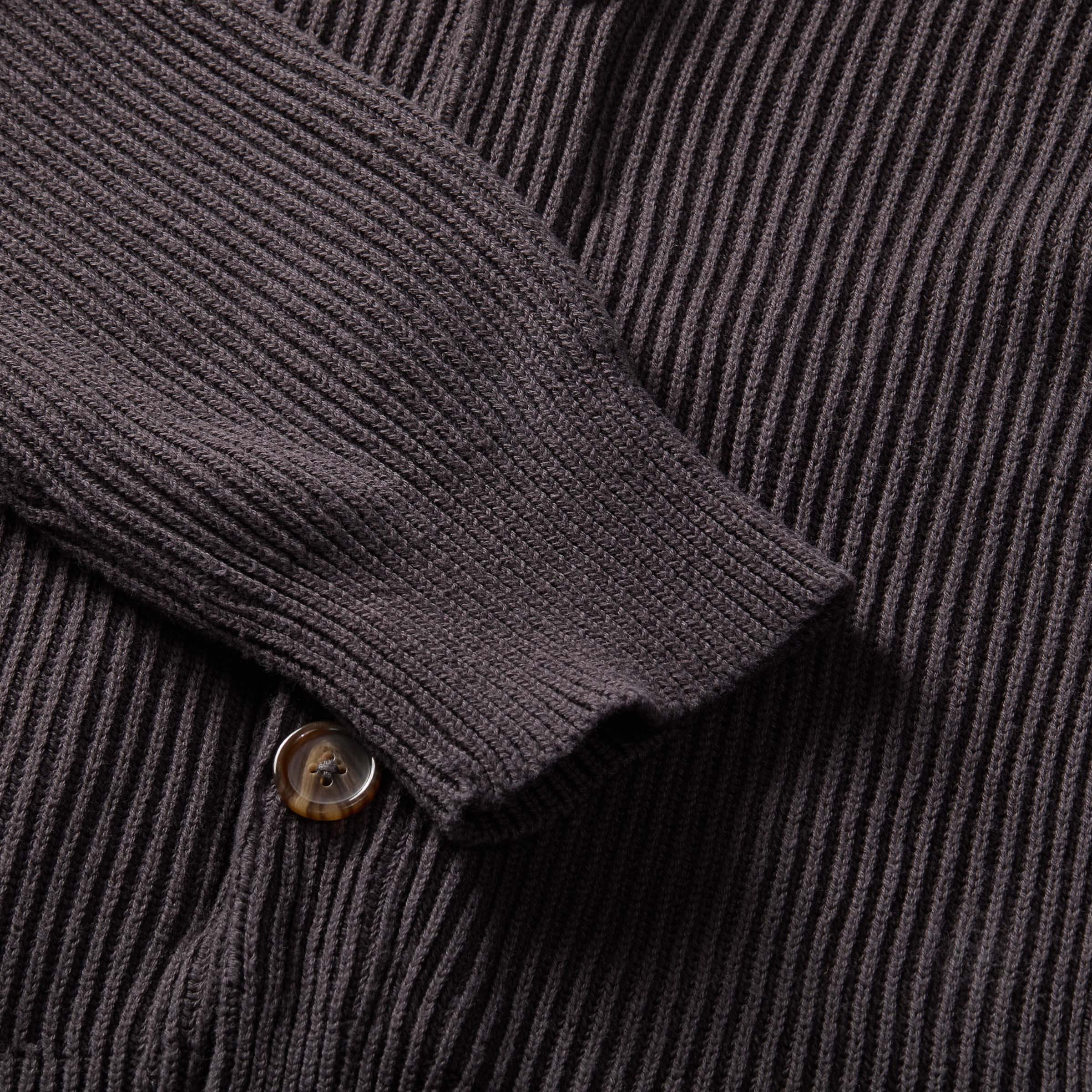 Close-up of a charcoal ribbed cardigan with a magnetic button and textured fabric.