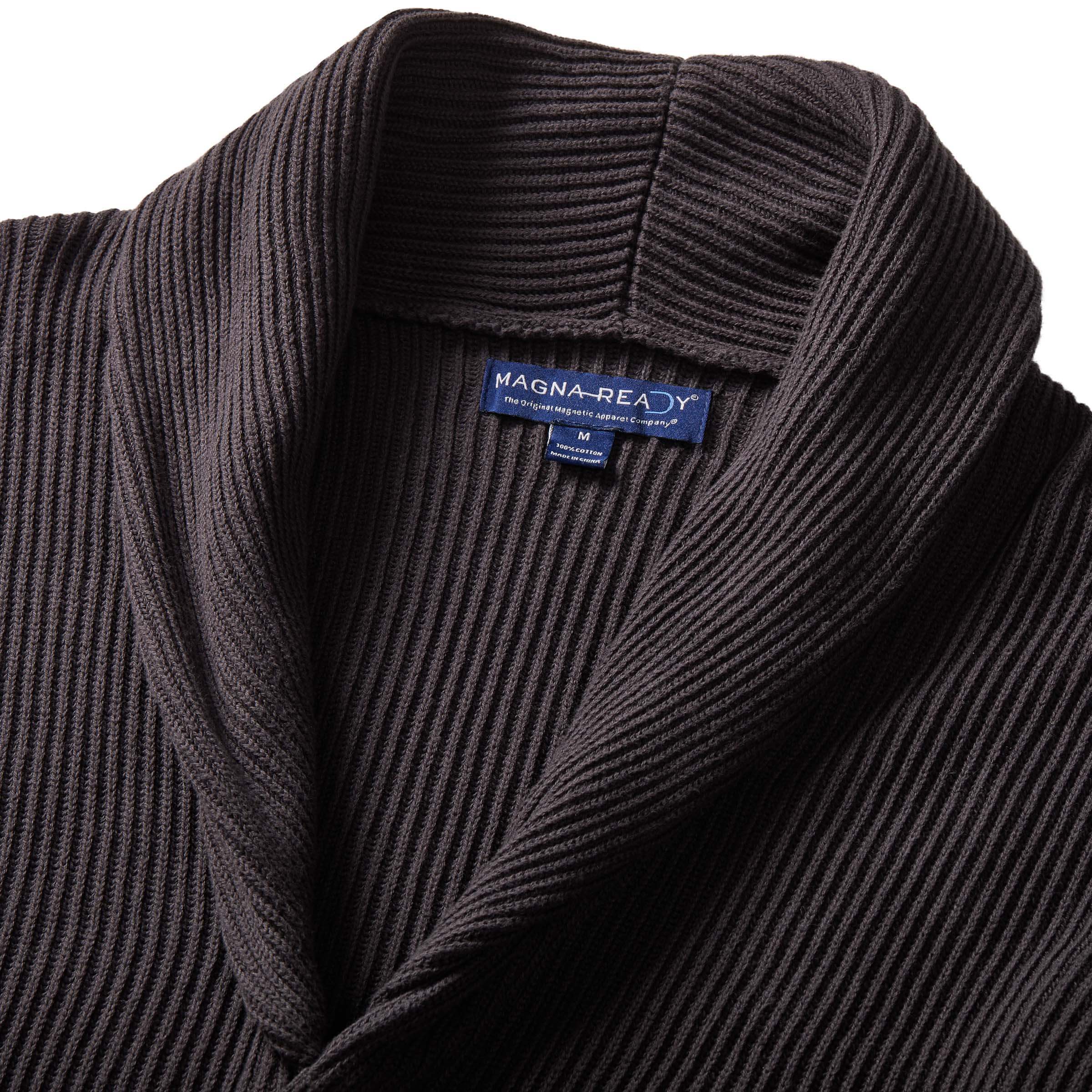 Close-up of charcoal ribbed cotton shawl collar cardigan with Magna-Ready label and magnetic button features.