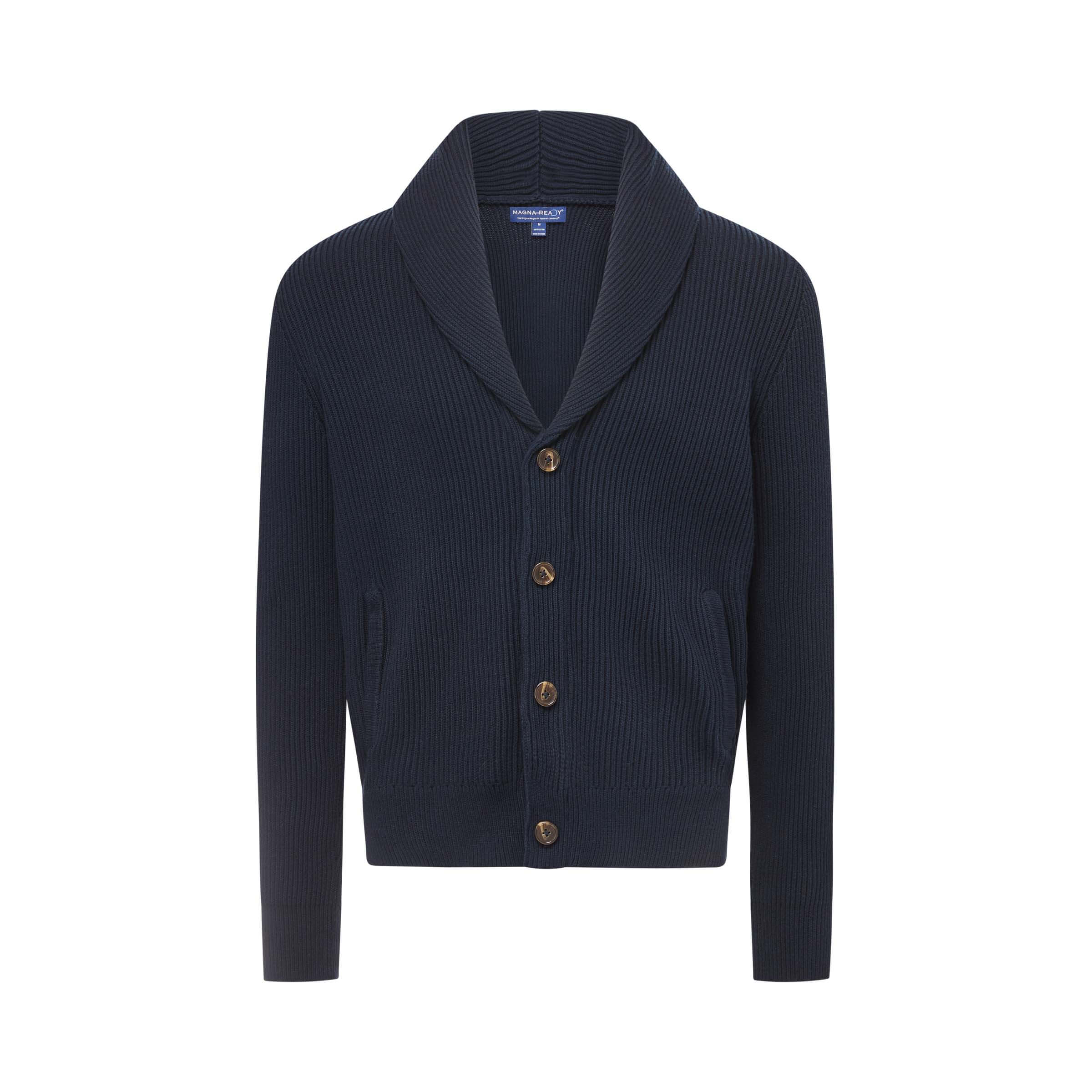 Navy adaptive ribbed cotton shawl collar cardigan with magnetic button front and pockets.