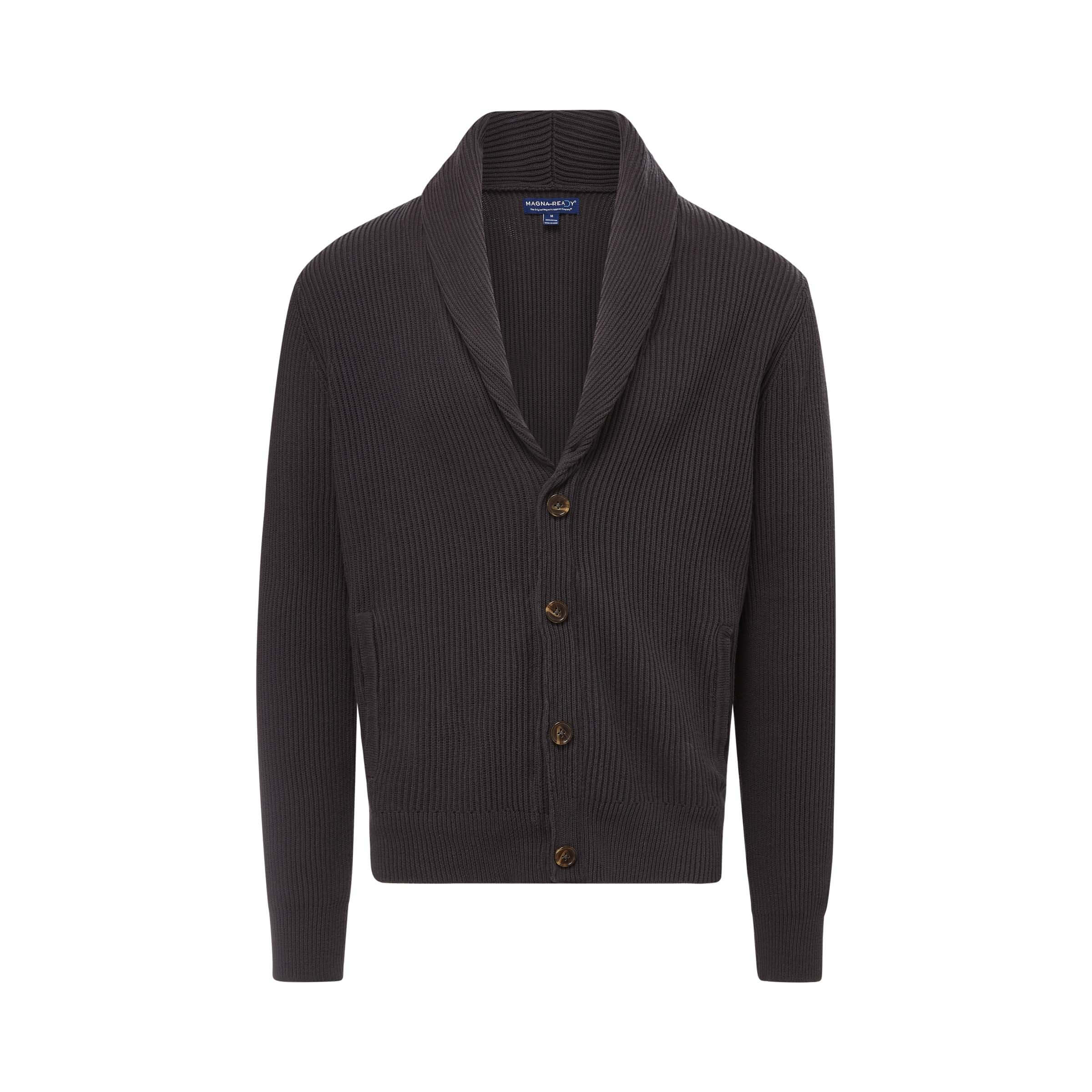 Charcoal adaptive ribbed cotton shawl collar cardigan with magnetic button front and pockets.